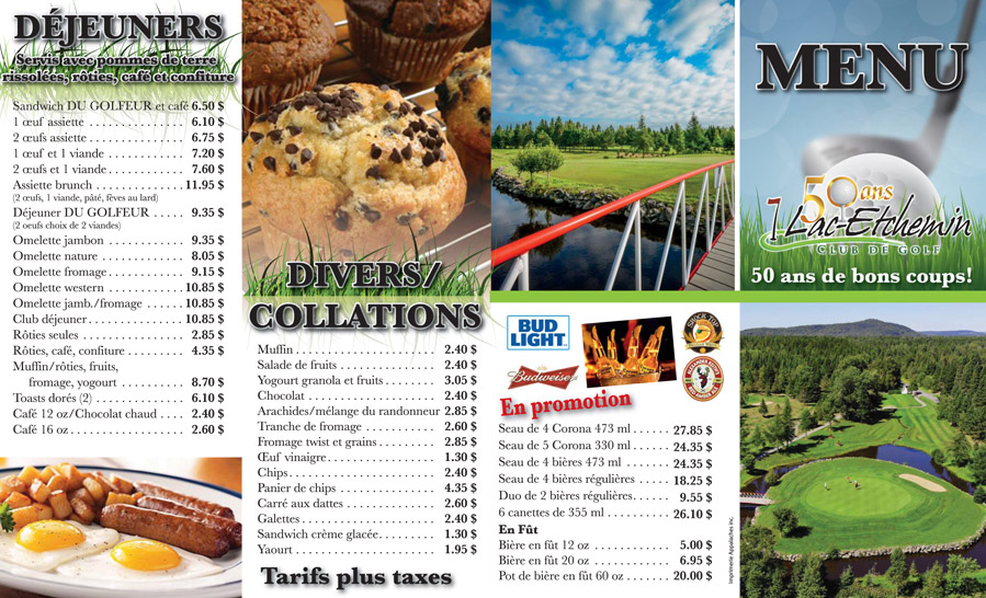 Menus et vins Le Club de Golf Coopératif de LacEtchemin